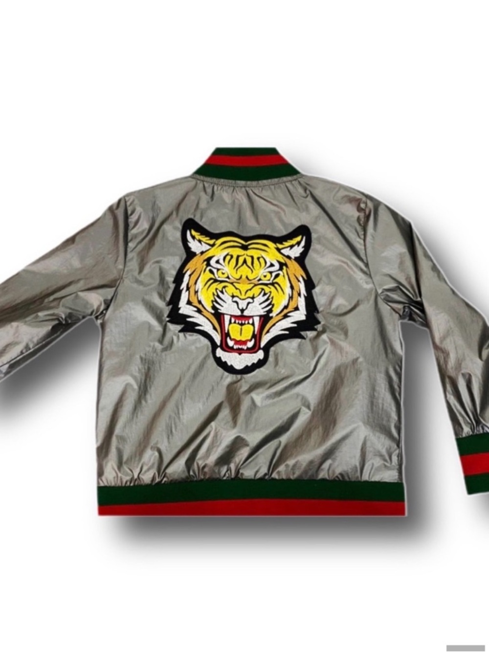 Silver Bomber Jacket with Yellow Tiger Patch
